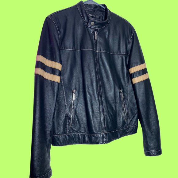 Vintage Black Leather Jacket w/ Tan Stripes 🖤🔥 - Picture 1 of 7